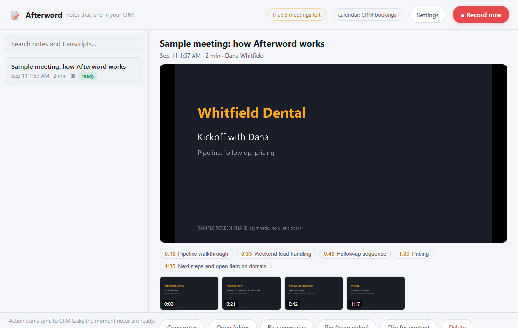 The Afterword library: a meeting with its notes, chapters and replay