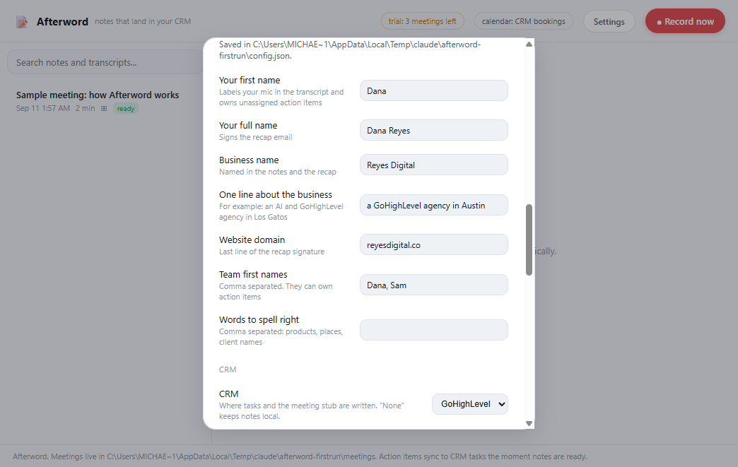 Afterword settings: who this install serves, the CRM connection, your keys