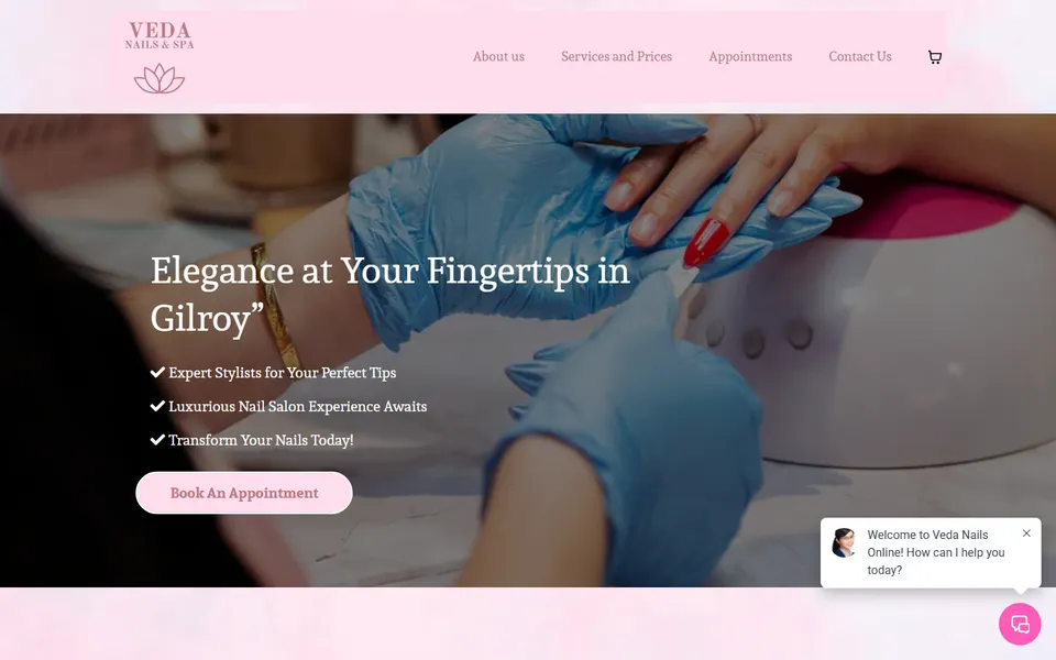 Homepage of the Veda Nails and Spa website with online booking, live now