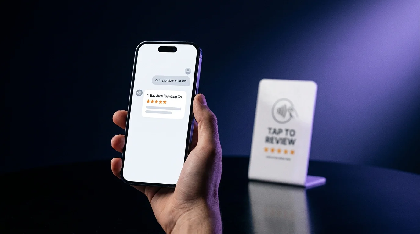 A phone showing an AI assistant answering "best plumber near me" by naming one business, with an NFC tap-to-review stand on the counter behind it
