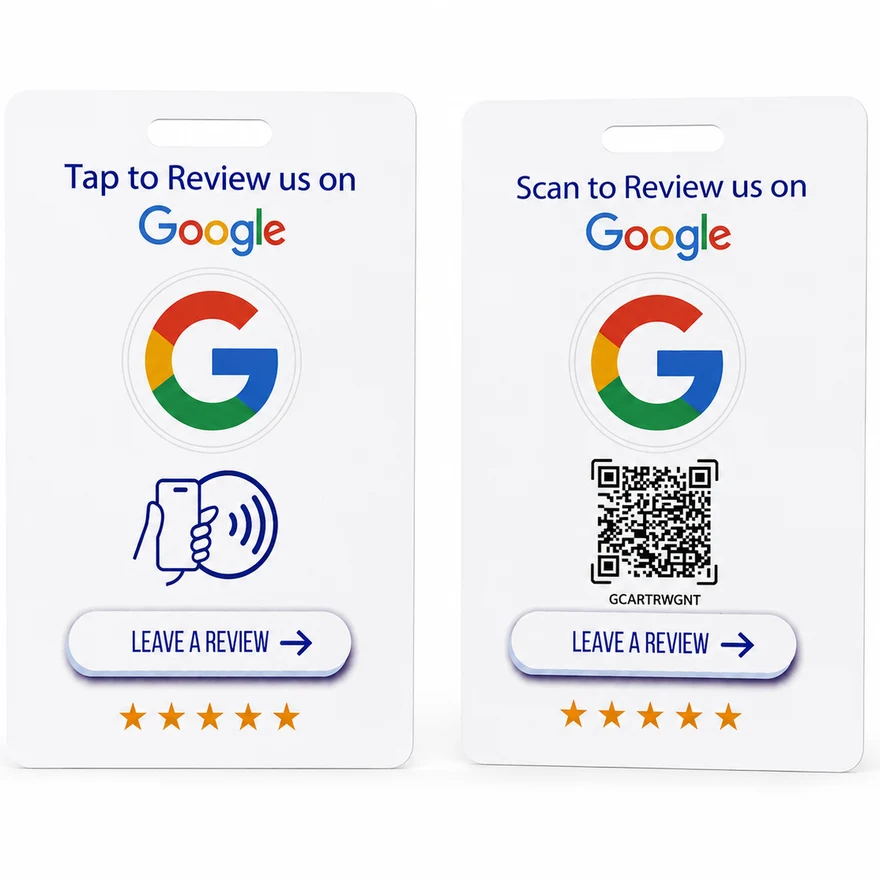 Two NFC review cards, one tap-to-review and one scan-to-review with a QR code