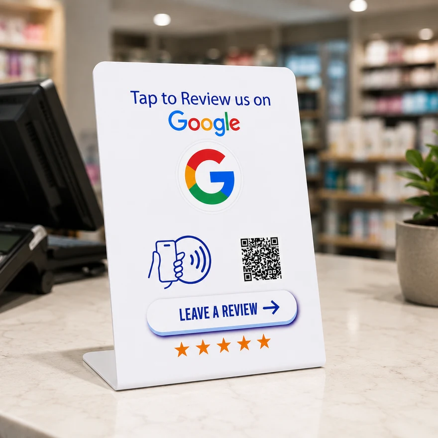 An NFC tap-to-review counter stand sitting next to a card reader on a shop counter
