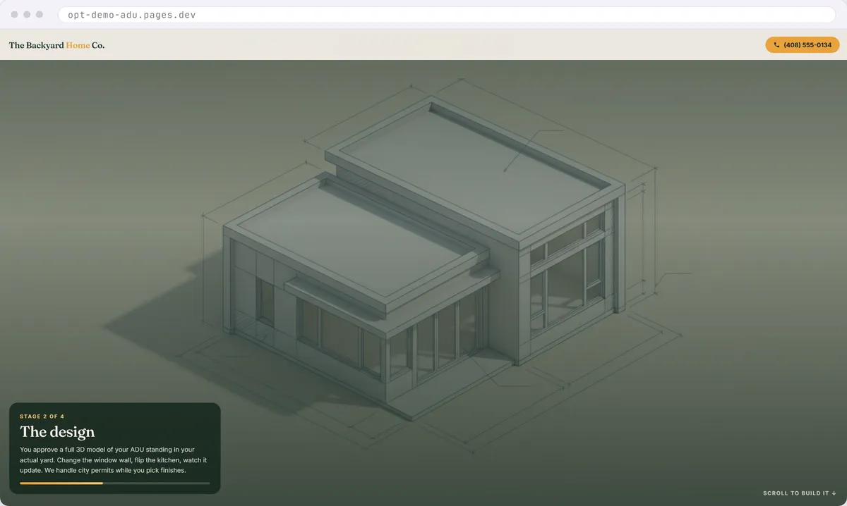 ADU builder website design concept where the backyard home gets built step by step as the visitor scrolls