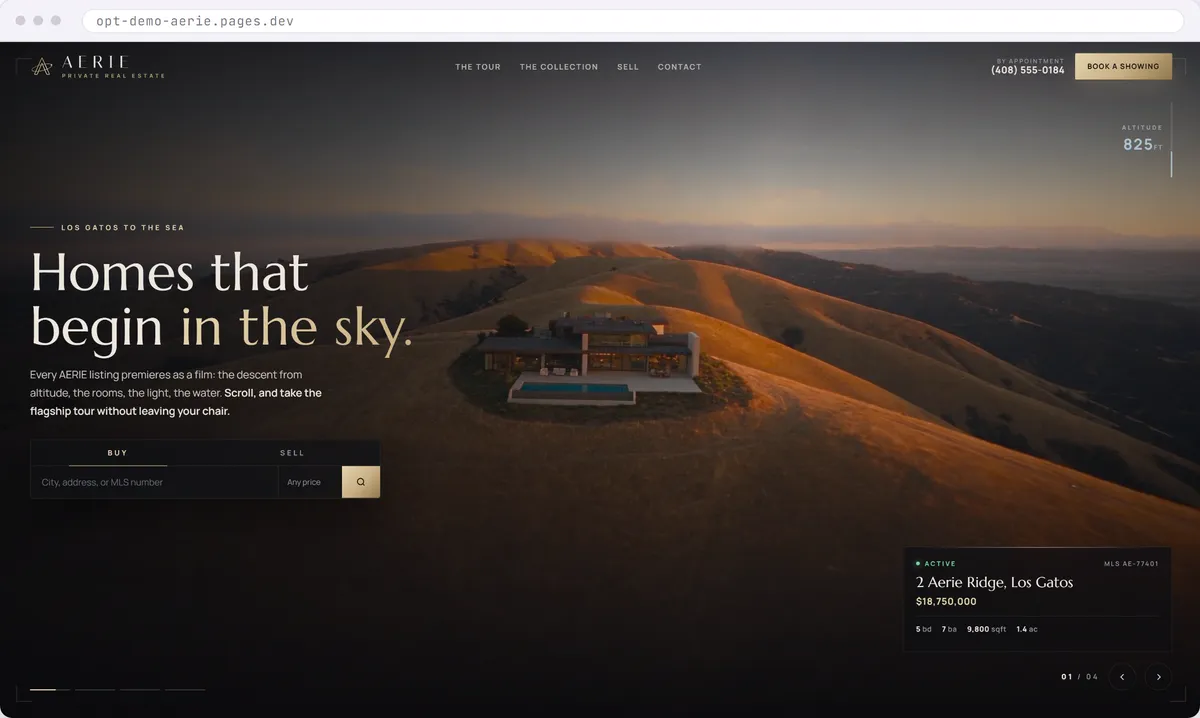 Luxury real estate listing website design concept with a cinematic full screen hero