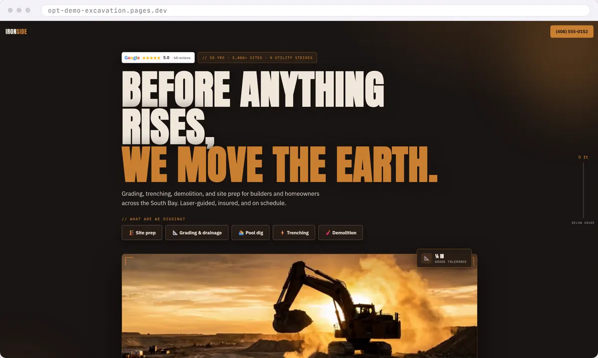 Excavation contractor website design concept with bold type and a scroll depth gauge