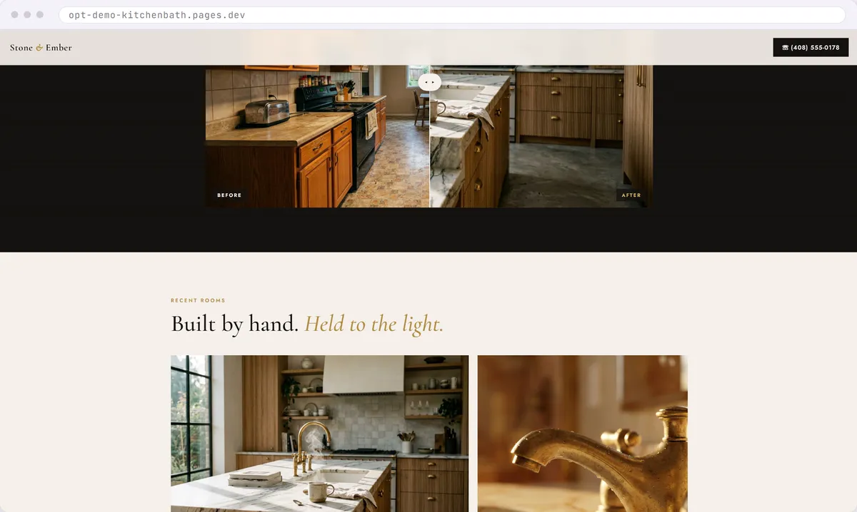 Kitchen and bath remodeler website design concept with a drag to compare before and after slider