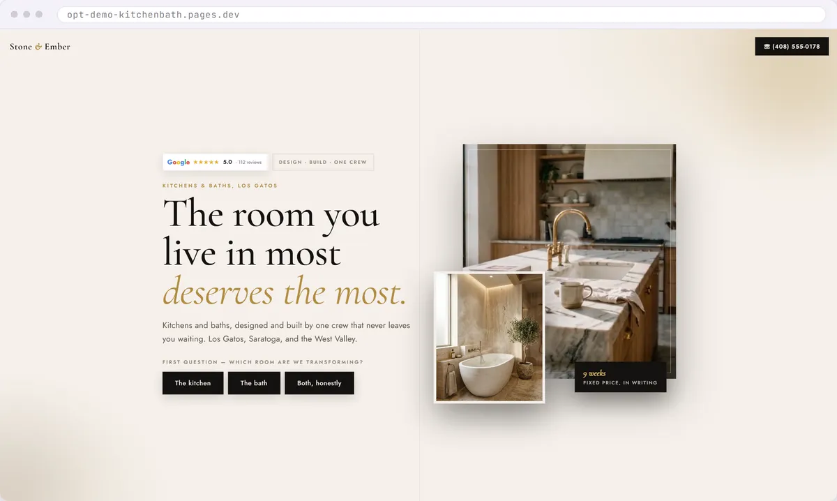 Kitchen and bath remodeling website design concept with a warm editorial layout