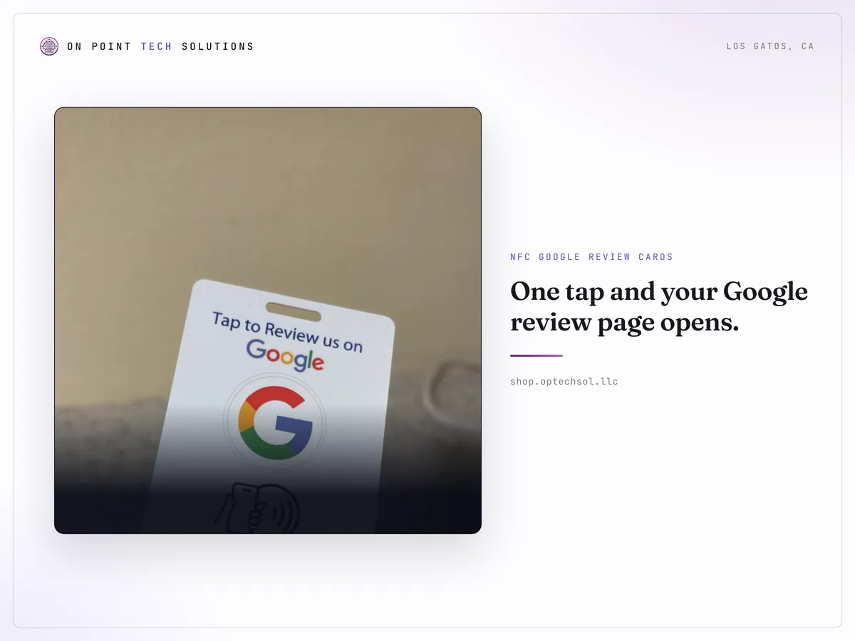 An NFC Google review card printed with Tap to Review us on Google