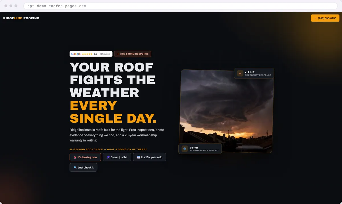 Roofing website design concept with a storm photo hero and a 60 second roof check that starts the quote